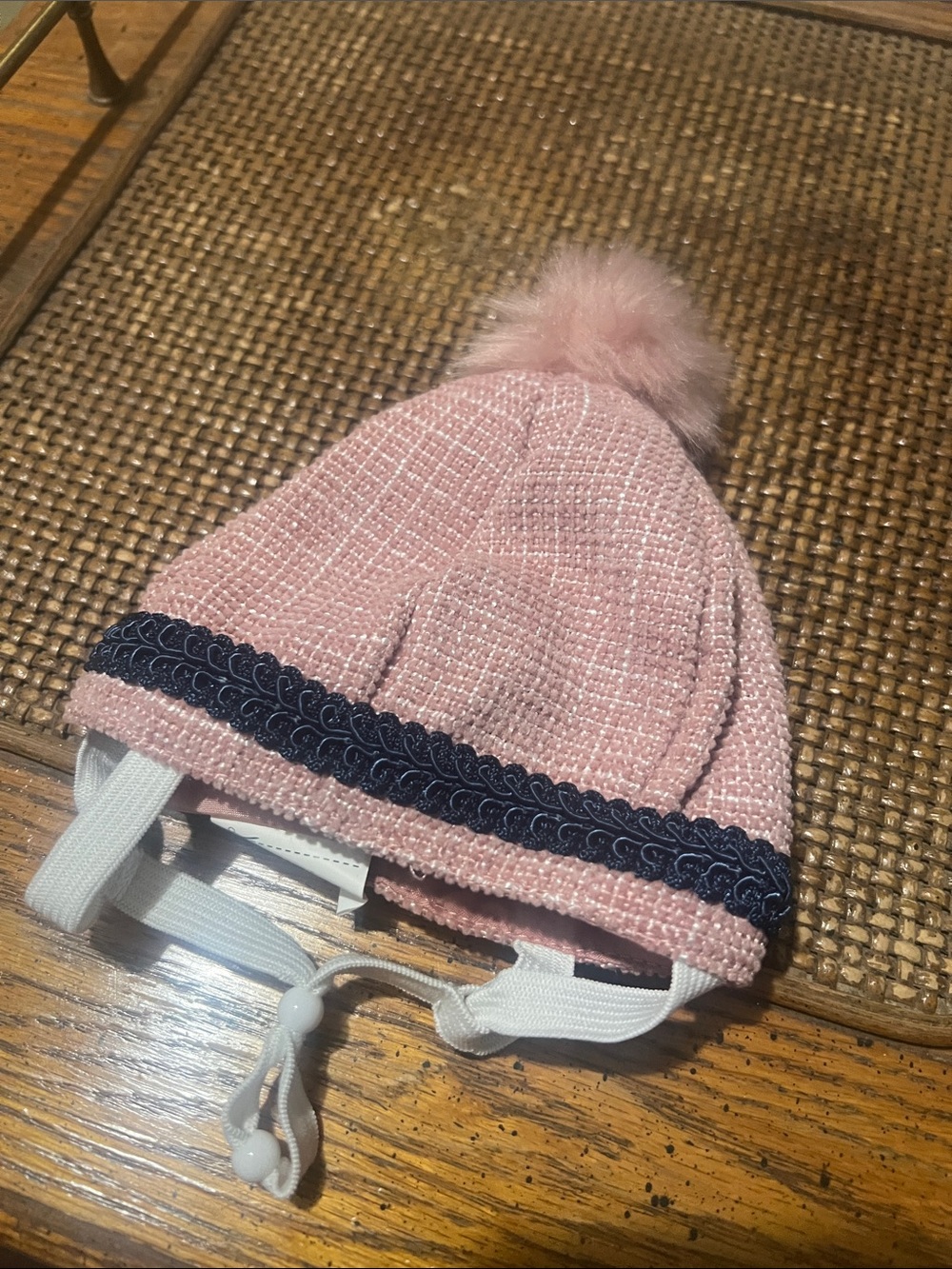 Bond & Co Pink Knit Pom Pom Hat with Navy Trim